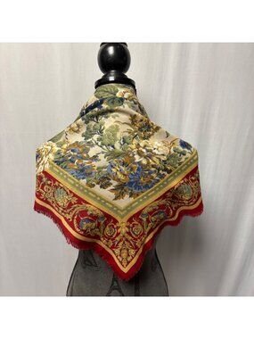 Floral Square Scarf Red Multicolor Square Vintage Inspired Fringe Cottagecore